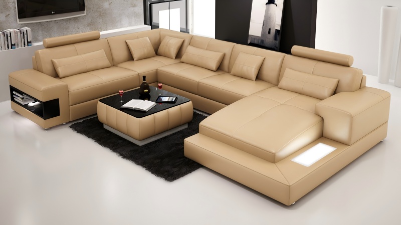 Sofa kulit besar 4 meter, reka bentuk minimalis juga boleh menampung seluruh keluarga